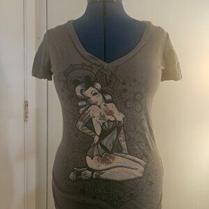 Sourpuss Brand V-neck Rockabilly Graphic Tee, Sz M